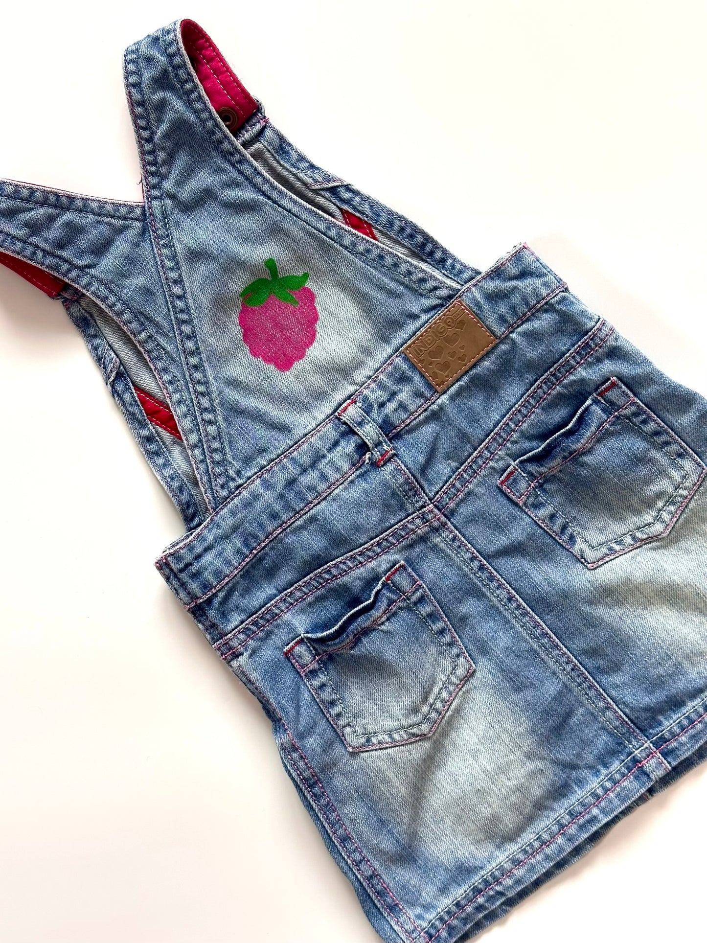 Raspberry Print Denim Dungaree Dress