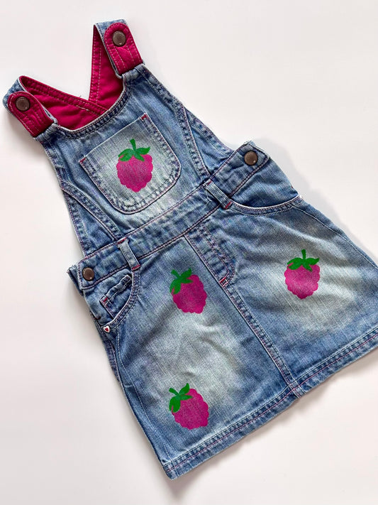 Raspberry Print Denim Dungaree Dress