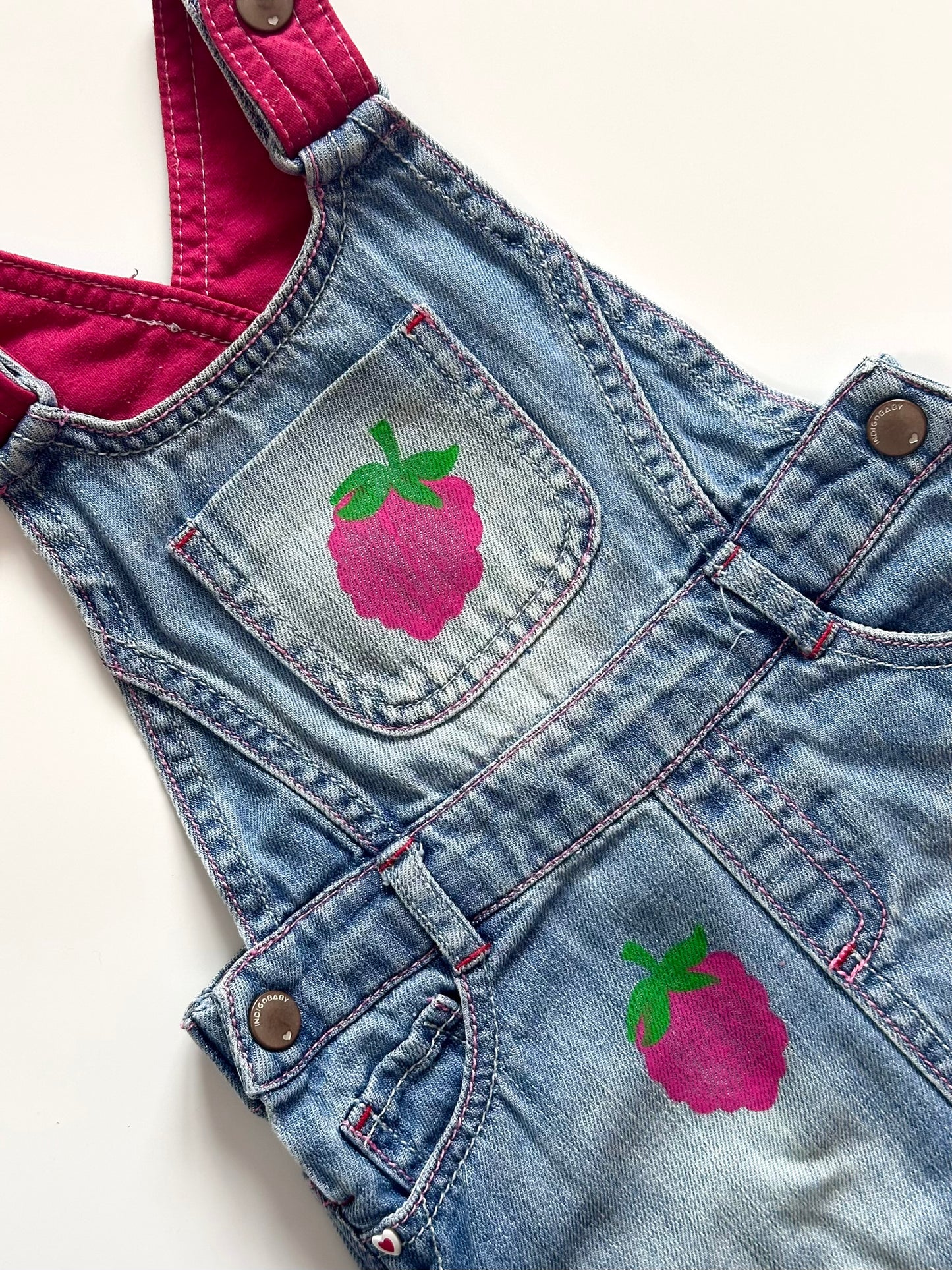 Raspberry Print Denim Dungaree Dress