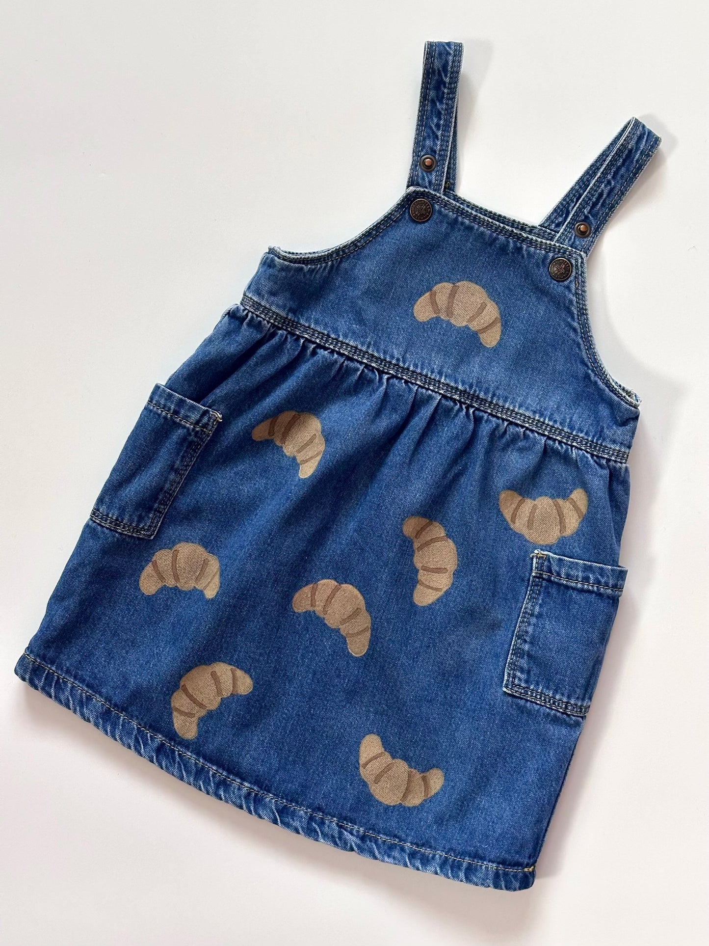 Croissant Print Denim Pinafore Dress