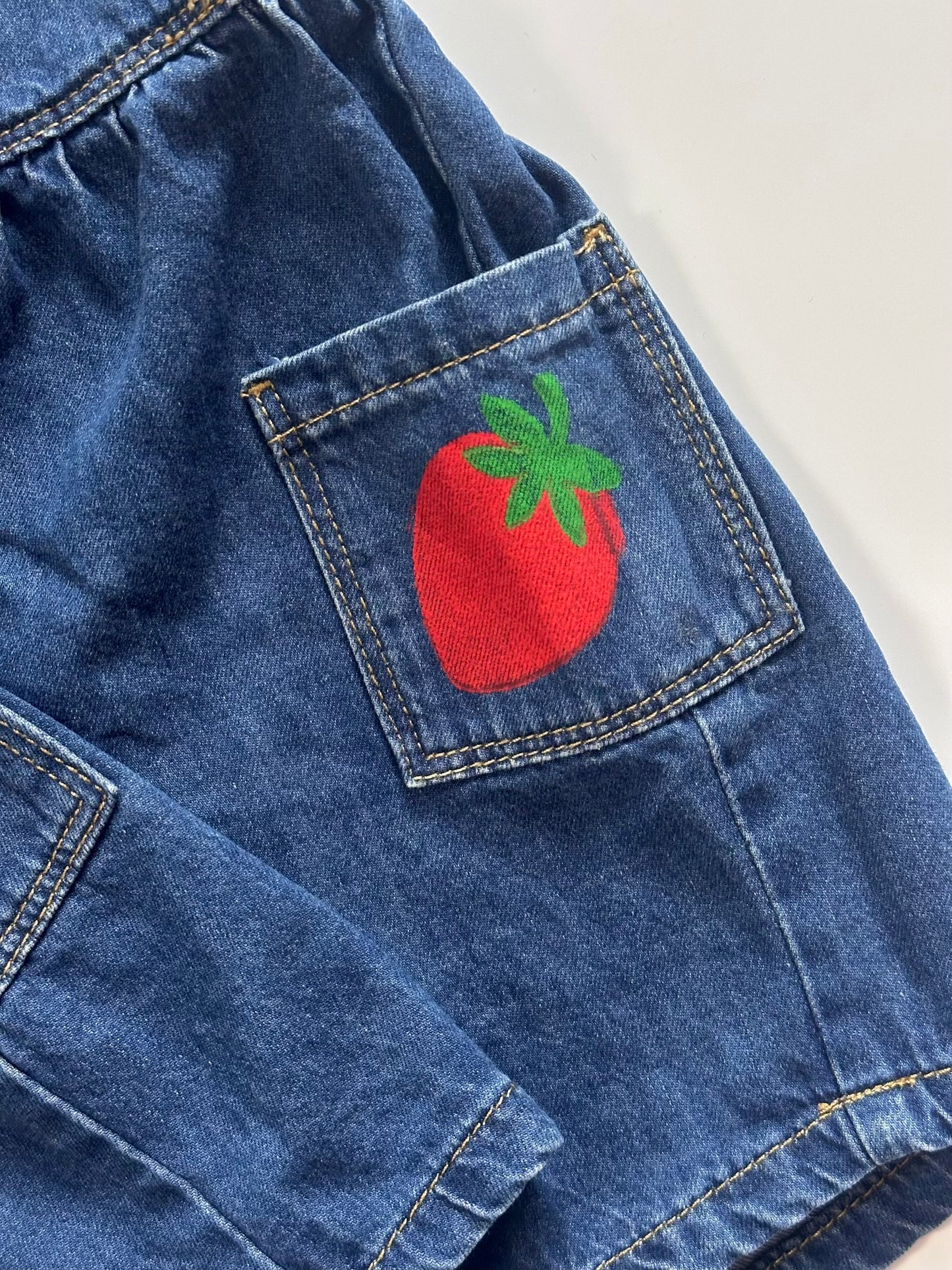 Strawberry Print Denim Pinafore Dress