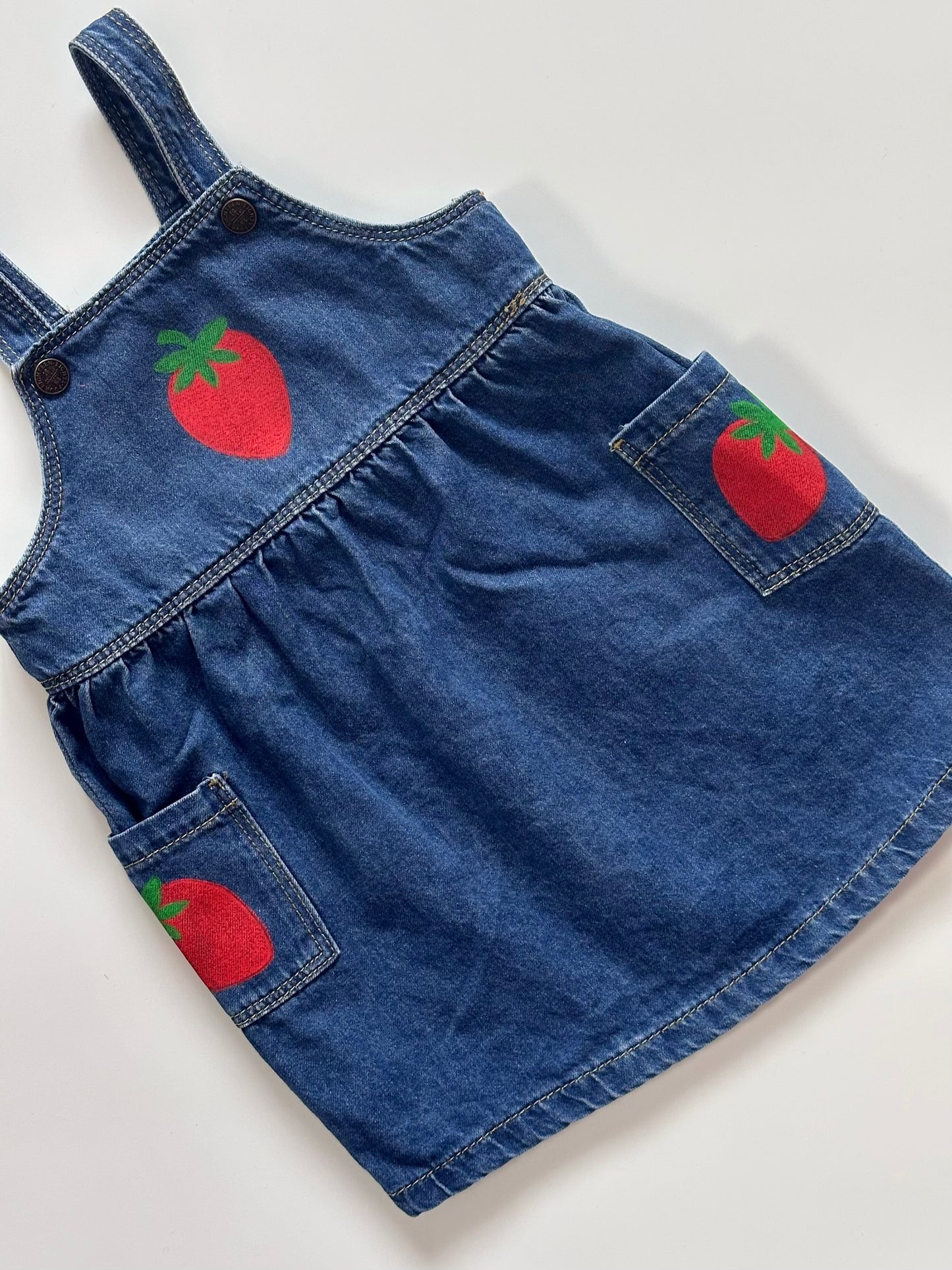 Strawberry Print Denim Pinafore Dress