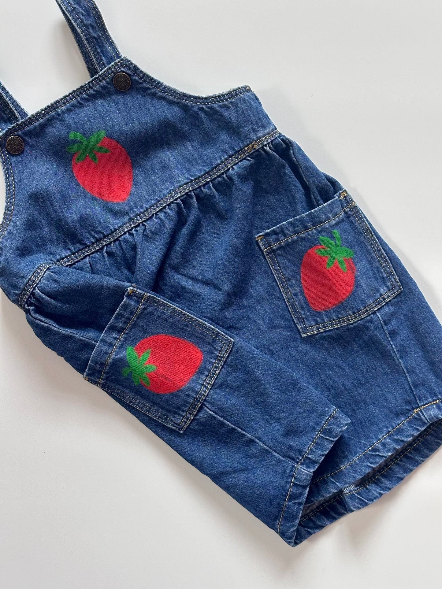 Strawberry Print Denim Pinafore Dress